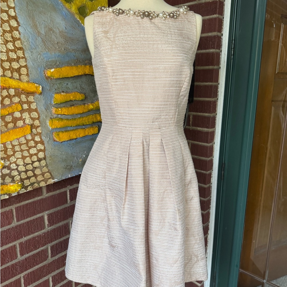 Tahari ASL Cream Textured Pleated  Mini Dress